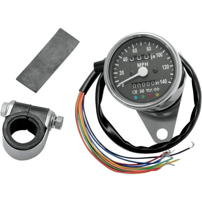 BBP Custom 2.4" MECHANICAL SPEEDOMETER 2:1 WITH LED INDICATORS CHROME BLACK FACE 22100208 jpg